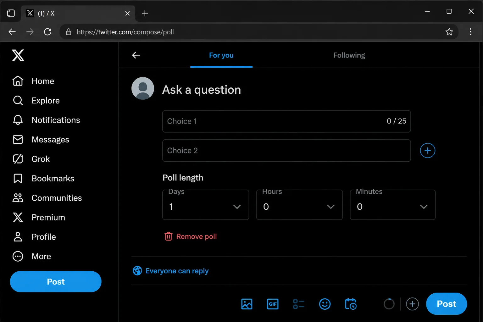 X (formerly Twitter) compose screen with Poll icon selected, showing question field and multiple answer choice input fields
