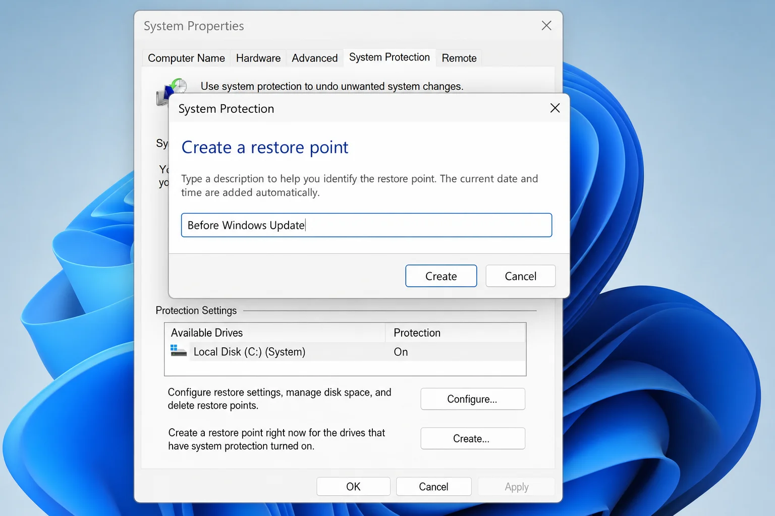 Create a restore point dialog box with a descriptive name typed in the text field and the Create button highlighted