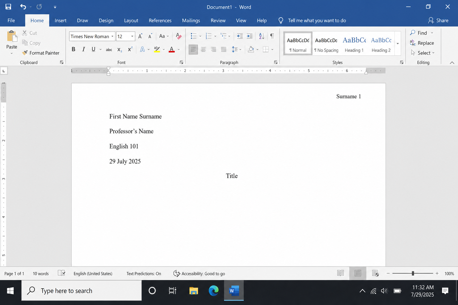 Word document showing MLA first-page heading with student name, instructor name, course, and date left-aligned and