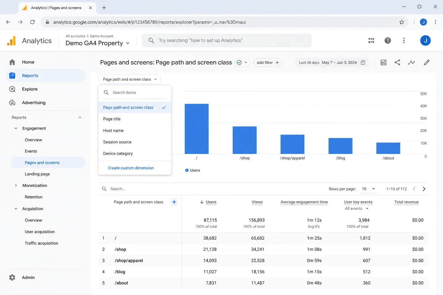 GA4 Pages and screens report with the dimension dropdown open, showing alternative options including Page title, Host name