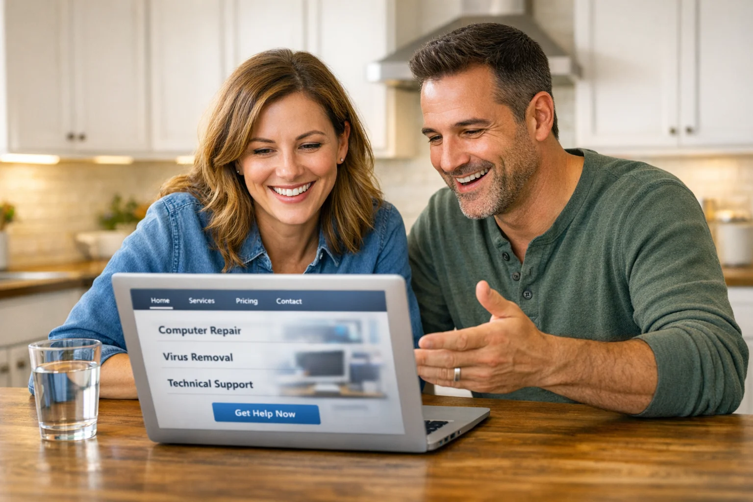 Two people looking at a laptop together in a casual home setting