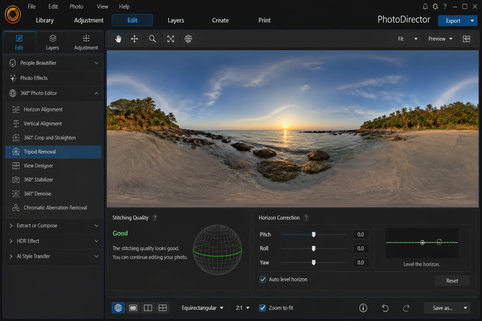 Modern 360 photo editing workspace with horizon correction, exposure controls, stitching preview, and tripod removal tools visible