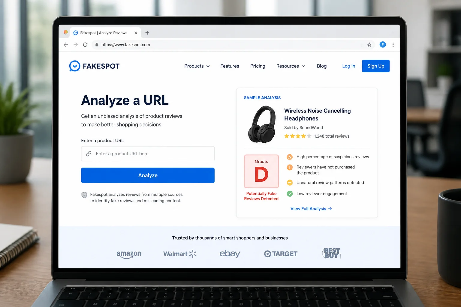 FakeSpot website showing the Amazon product URL input field and a sample product analysis with a letter grade result displayed