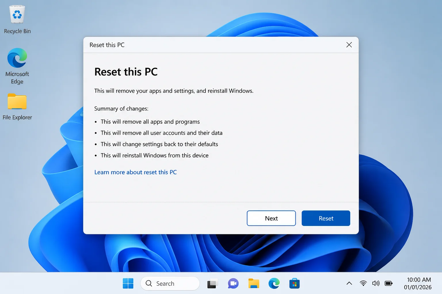 Reset this PC confirmation screen showing summary of what will change with Next and Reset buttons visible