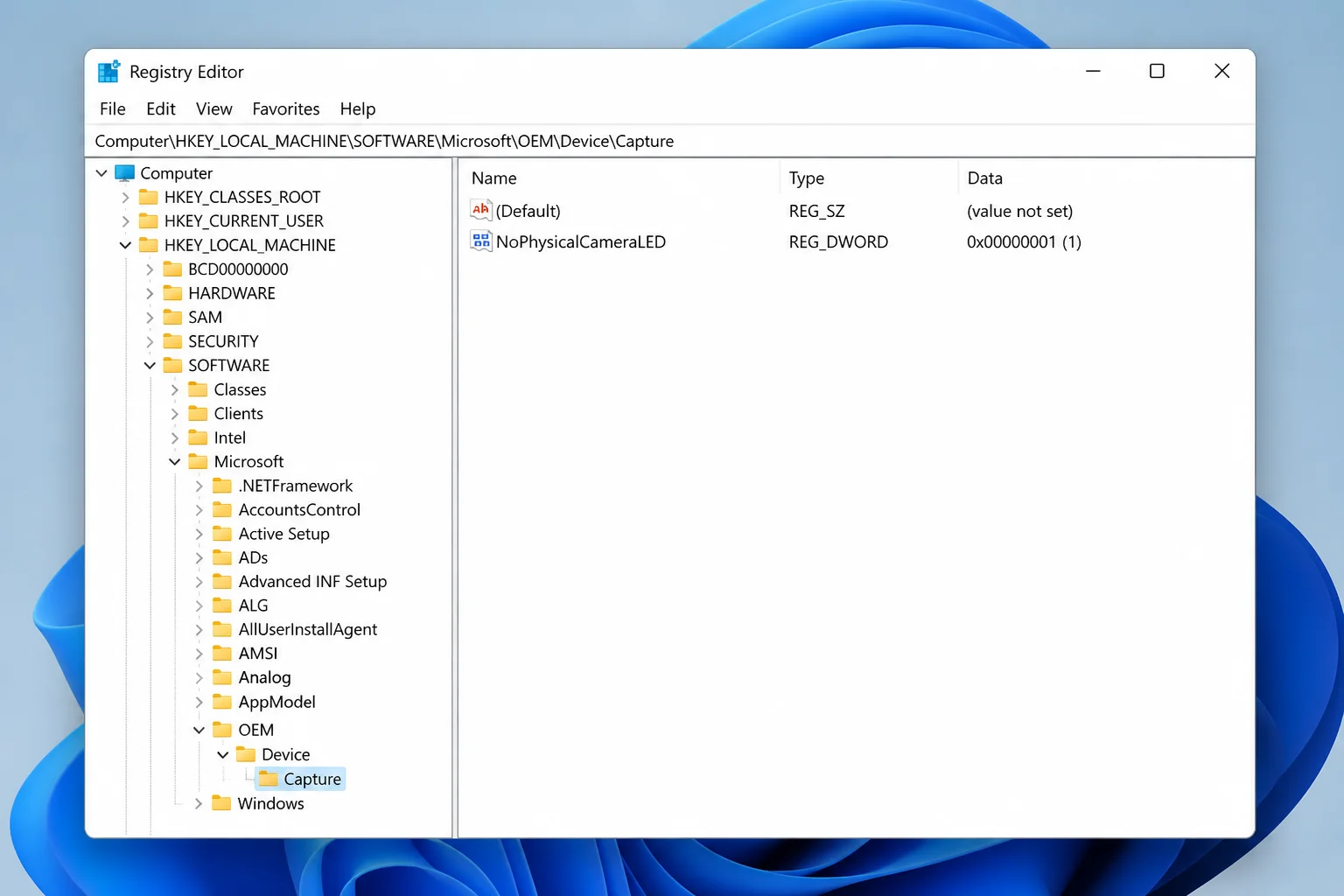 Registry Editor showing newly created NoPhysicalCameraLED DWORD value in the Capture key right pane