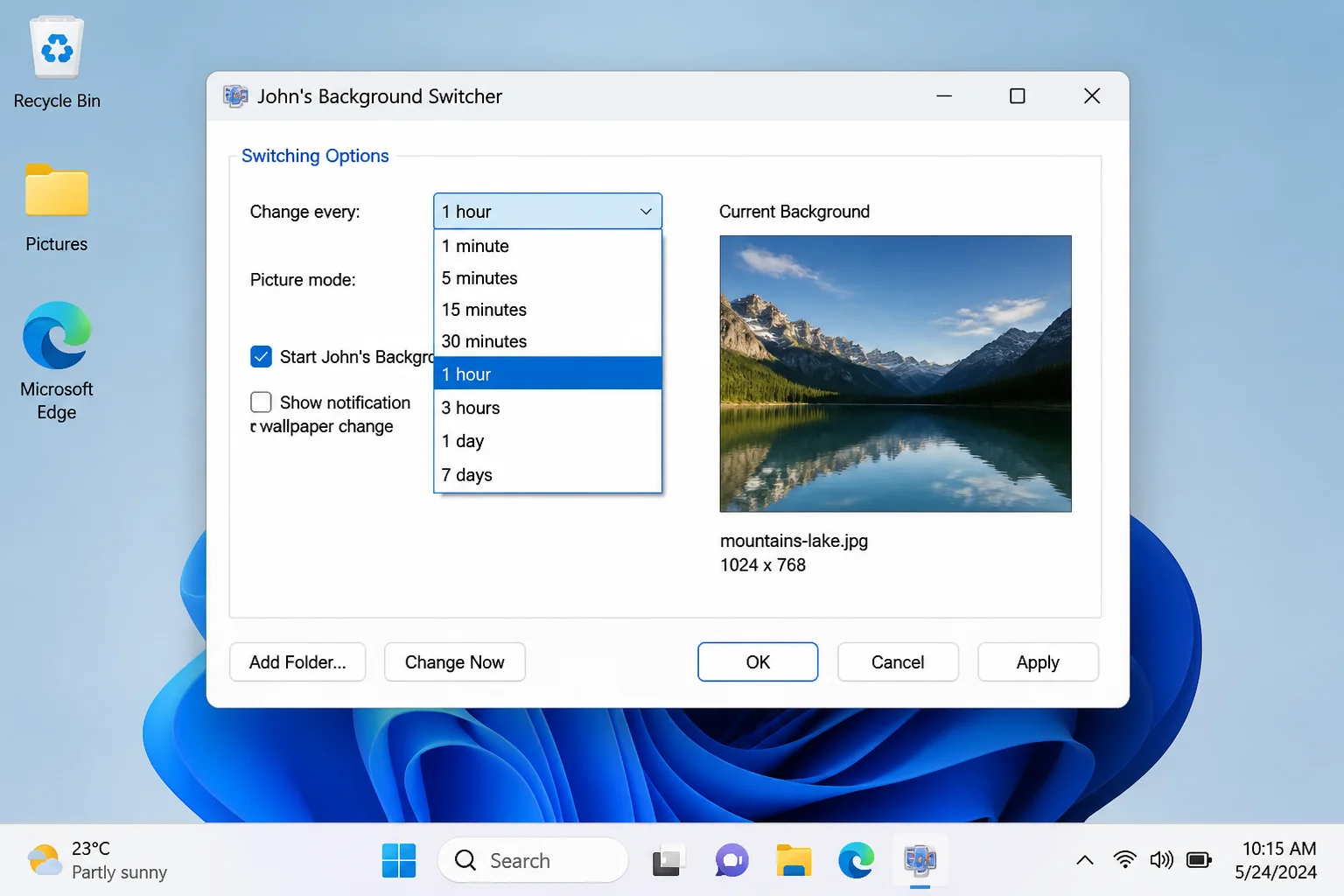 JBS "Change every" dropdown open and showing all available time interval options from 1 minute to 7 days