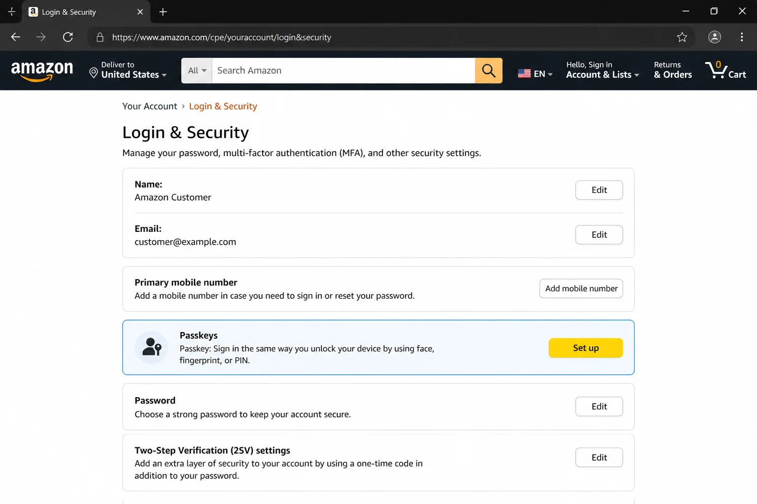 Amazon Login & security page showing Passkeys section with Set up button