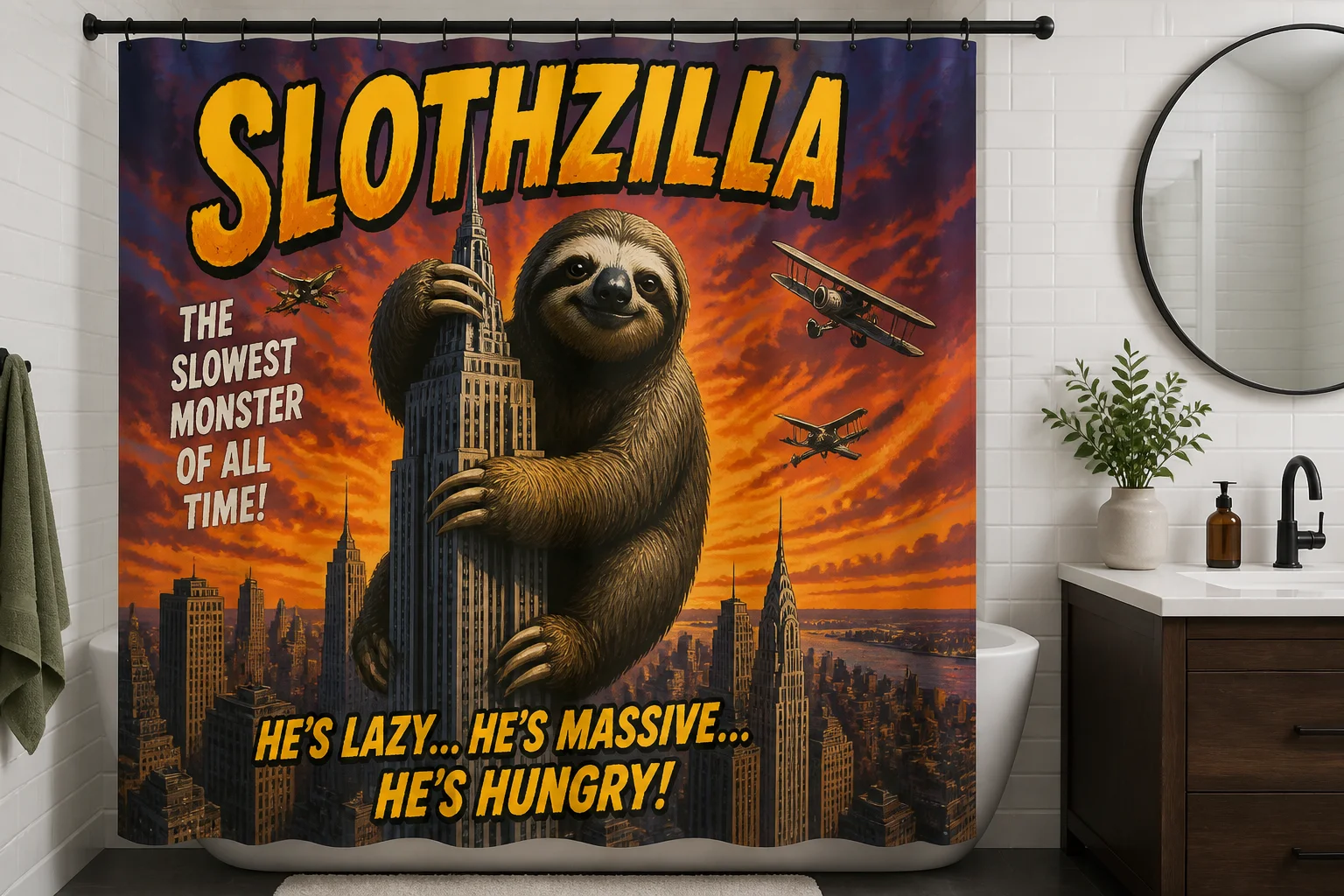 Slothzilla shower curtain showing a giant sloth looming over a city skyline in the style of a classic monster movie poster