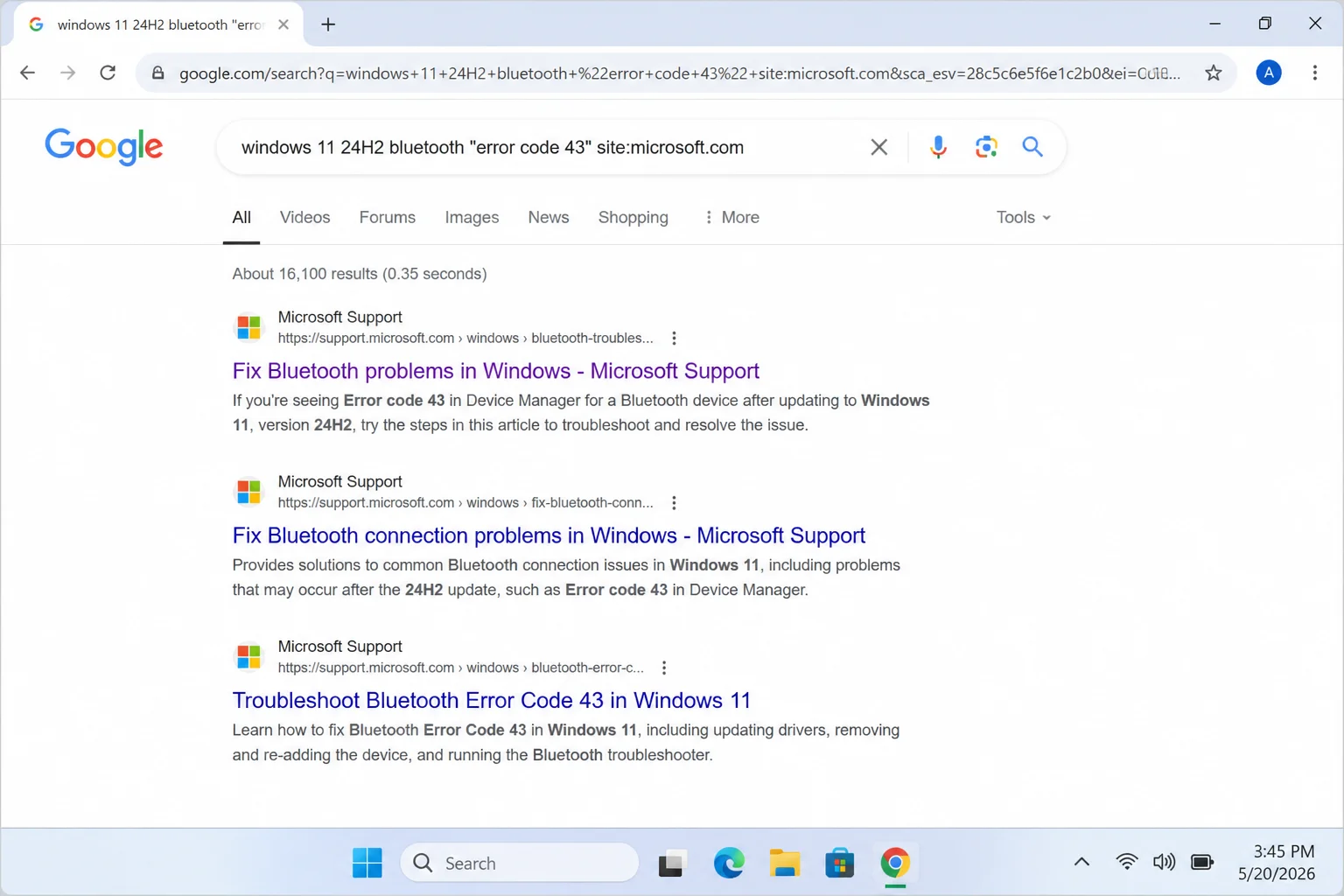 Google Search bar showing an operator-based query such as: windows 11 24H2 bluetooth "error code 43" site:microsoft.com