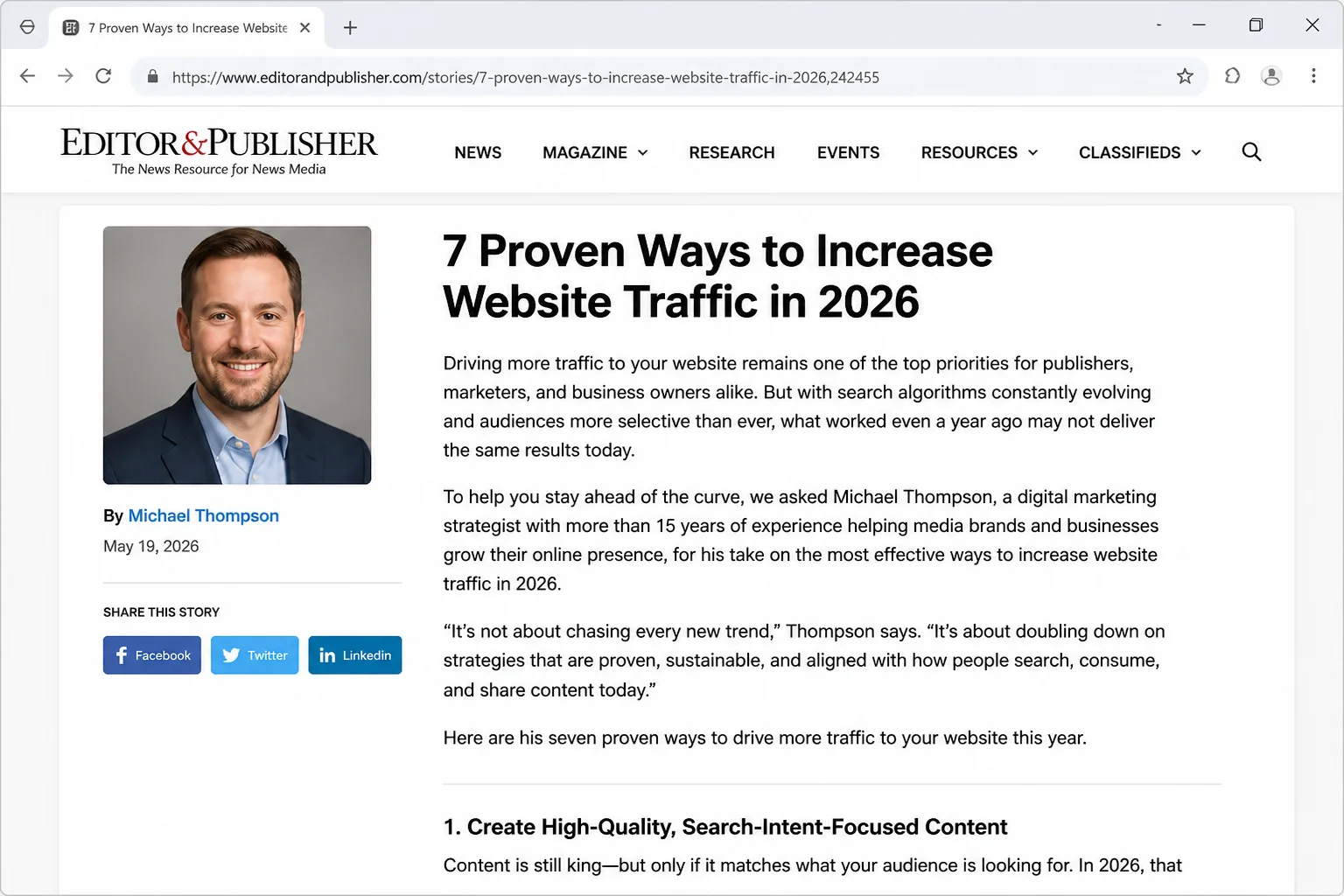 Example of a published influencer interview article showing clear author byline, photo of the interviewee, and social share buttons visible
