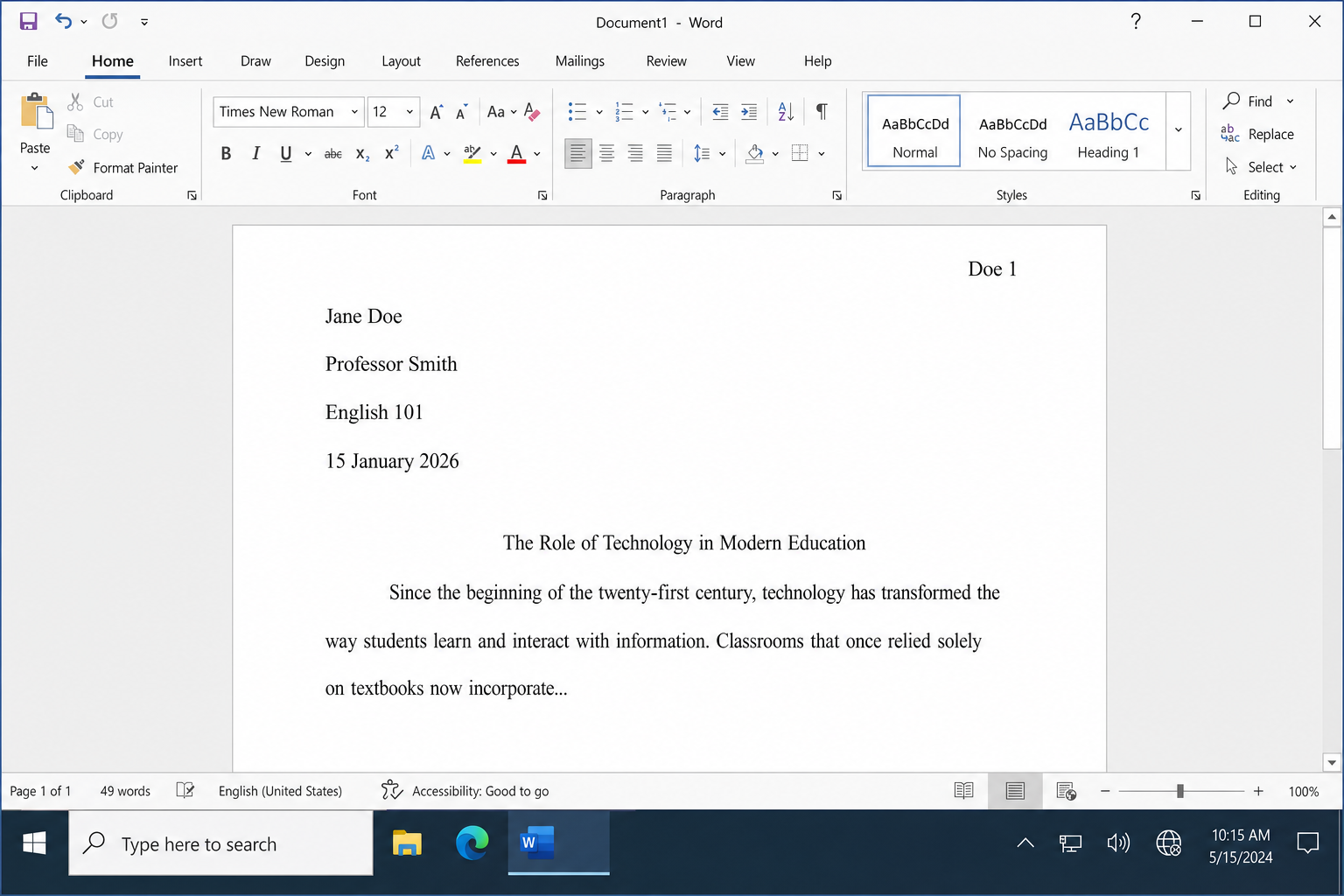 Word document showing centered paper title in plain text below the MLA first-page heading, with body text beginning below