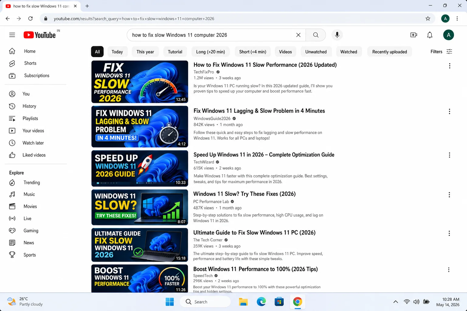 YouTube search results page for "how to fix slow Windows 11 computer 2026" showing tutorial videos from tech channels