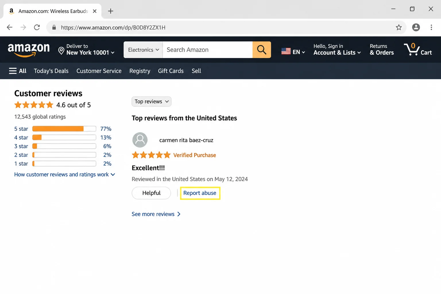 Amazon product review with the "Report abuse" link highlighted directly below the review text