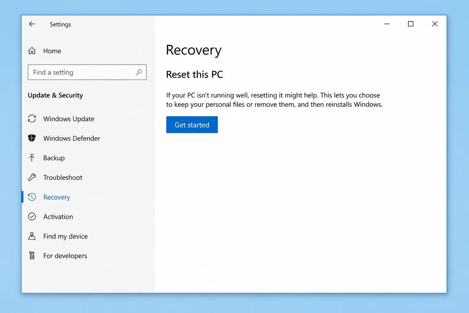 Windows 10 Update & Security Recovery page showing Reset this PC section