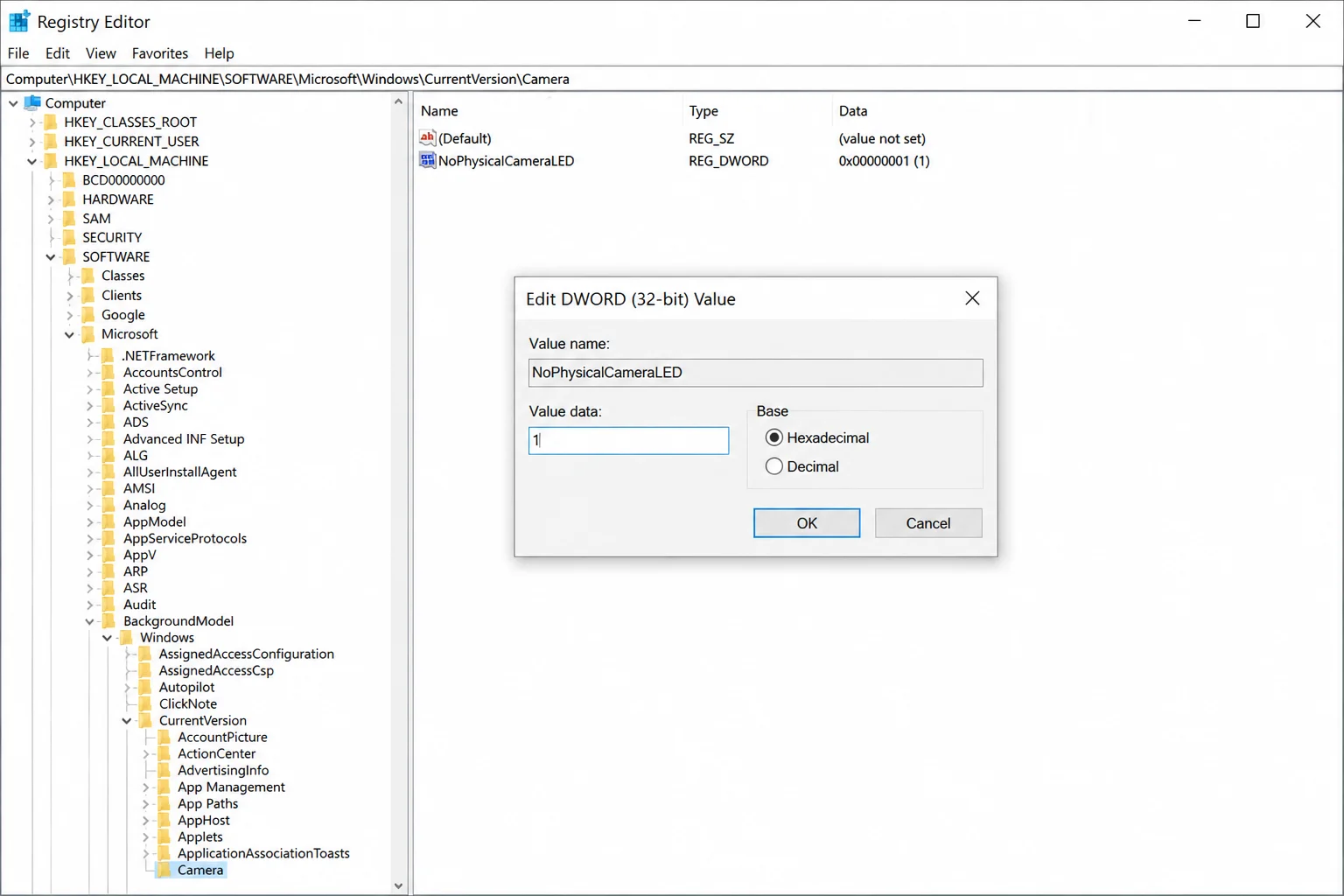 Edit DWORD Value dialog box for NoPhysicalCameraLED with Value data field set to 1