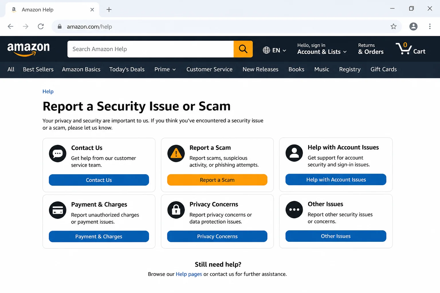 Amazon Help page showing Report a Security Issue or Scam option