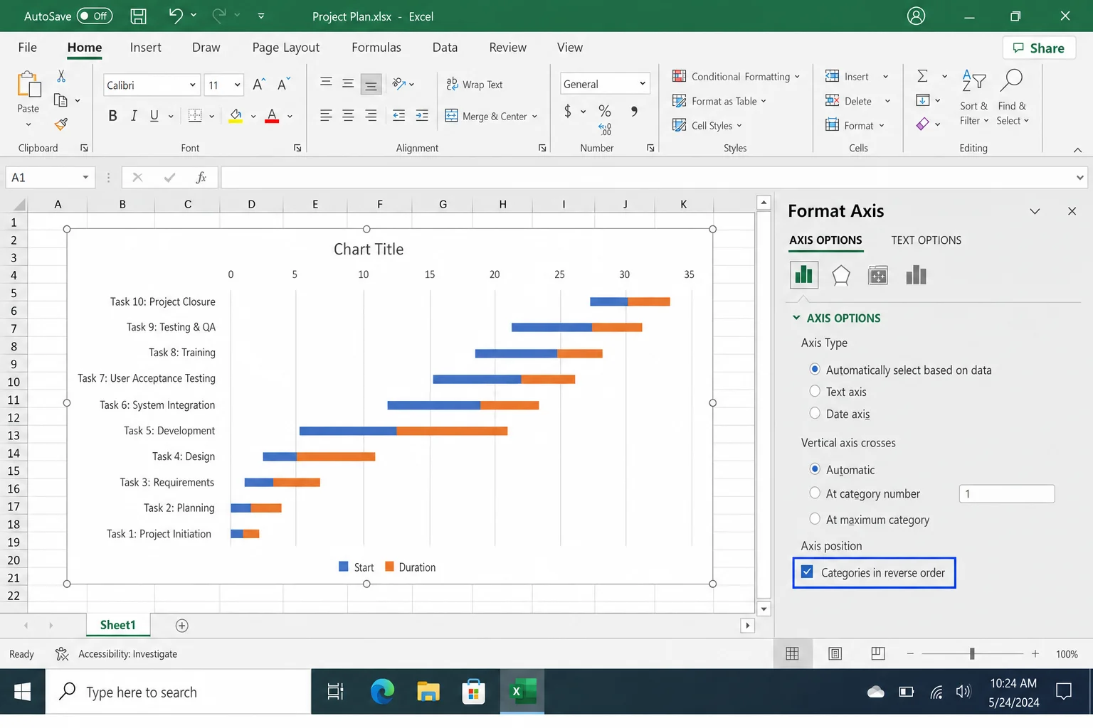 Excel Format Axis panel open on the right side with "Categories in reverse order" checkbox highlighted and checked
