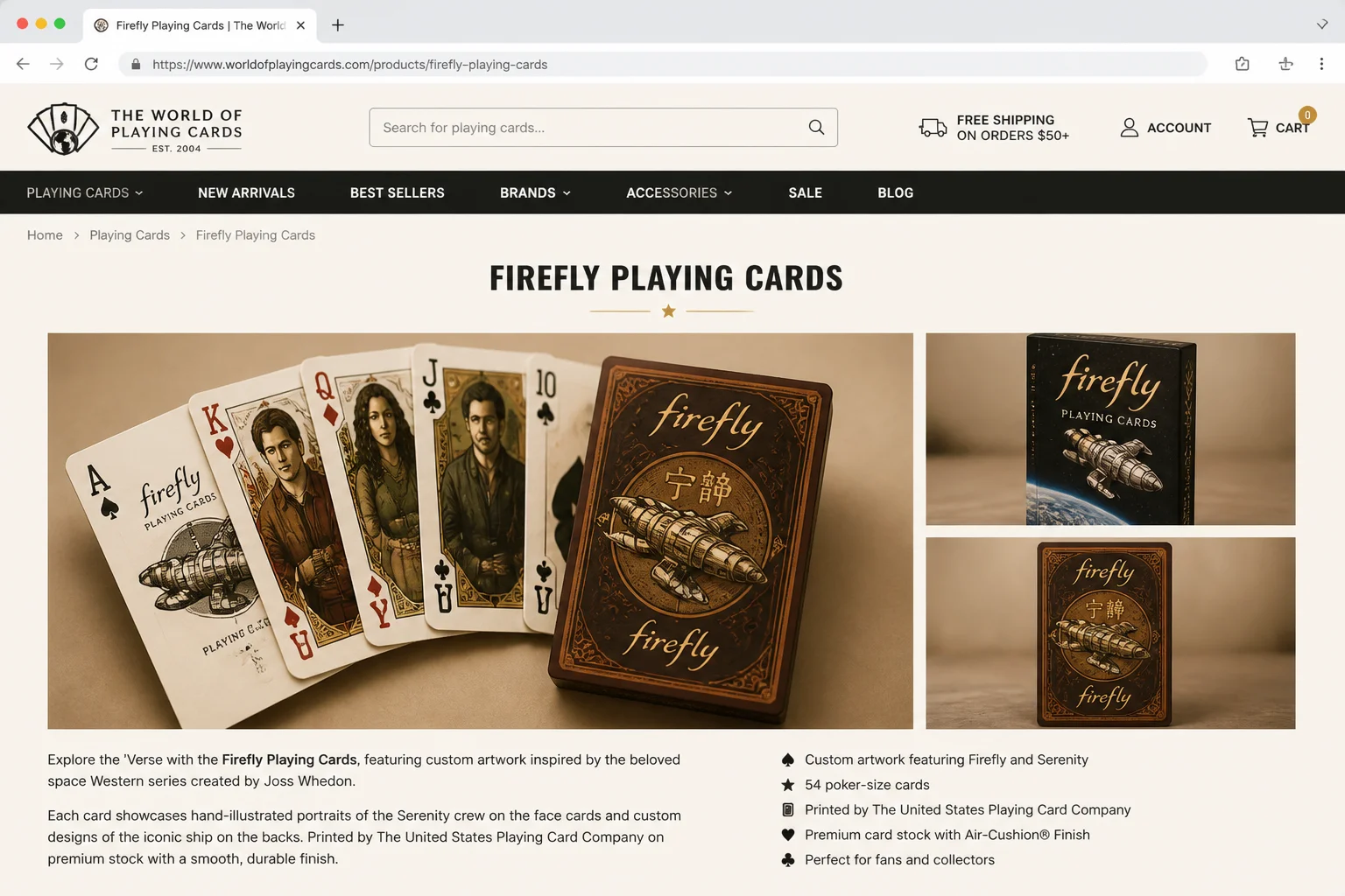 Firefly themed playing cards fanned out showing custom Serenity crew and ship artwork on the card backs in warm earthy tones