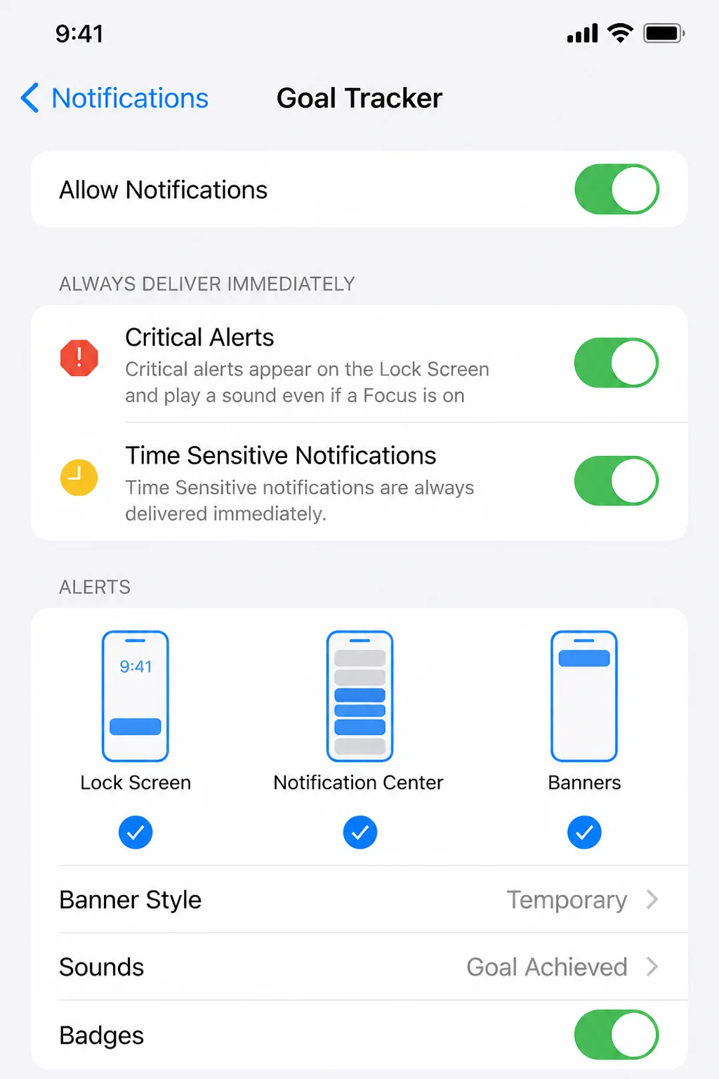 iPhone Settings > Notifications showing Allow Notifications enabled for a goal tracking app