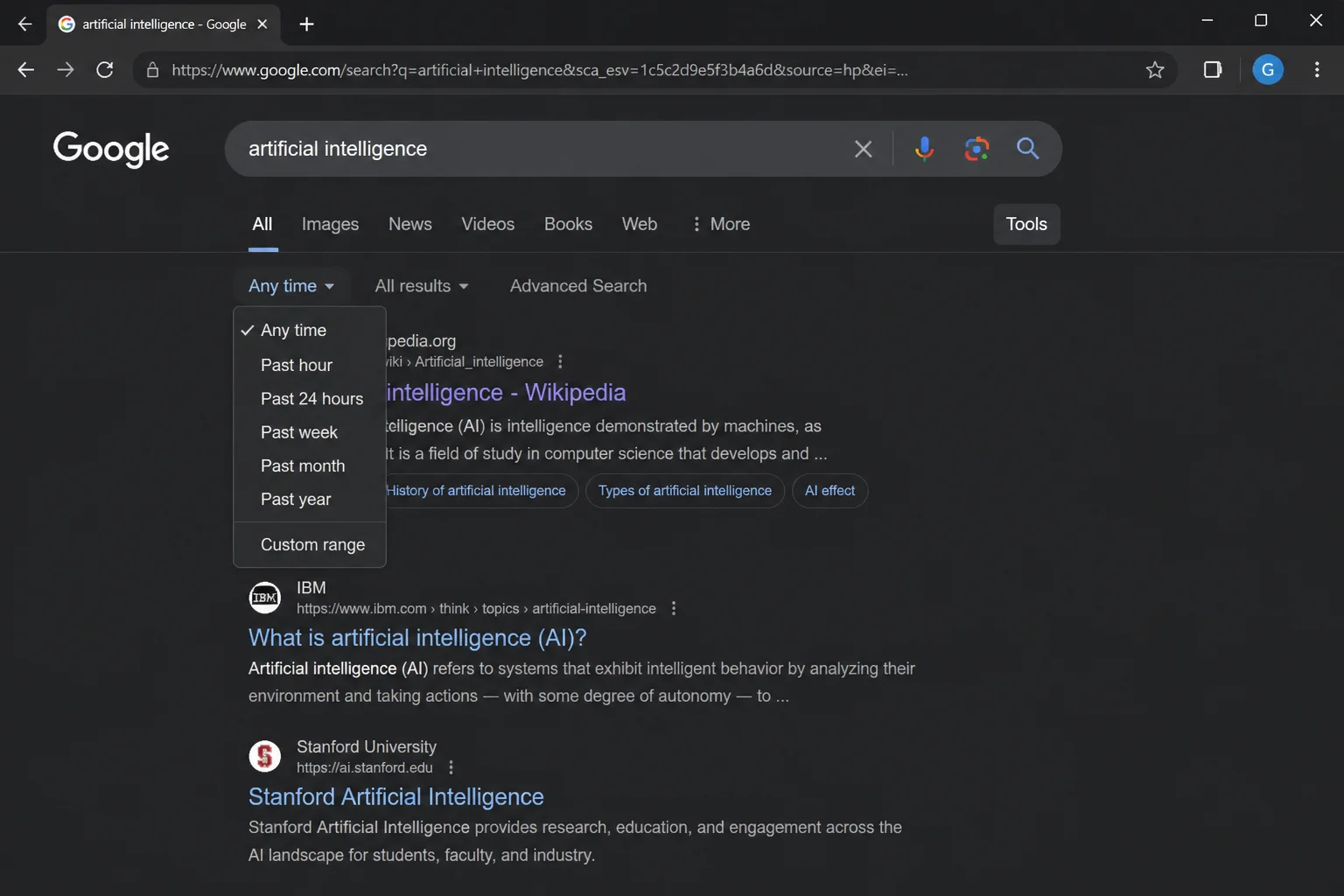 Google Search Tools panel open below the search bar, showing the "Any time" dropdown expanded with options including Past hour, Past 24 hours, Past week, Past month, Past year, and Custom range