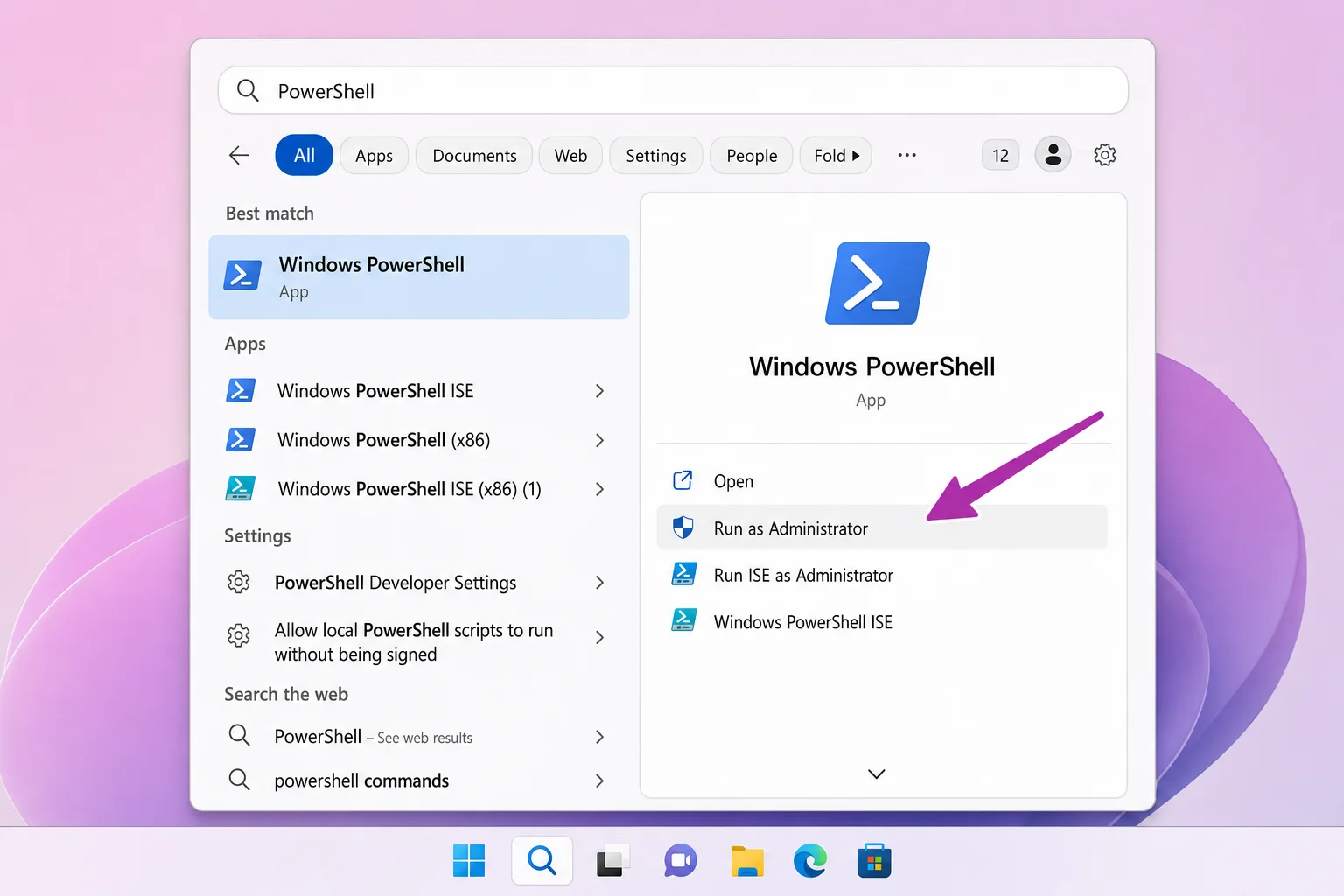 Windows Start menu search showing PowerShell result with "Run as administrator" option highlighted in the right-click context menu