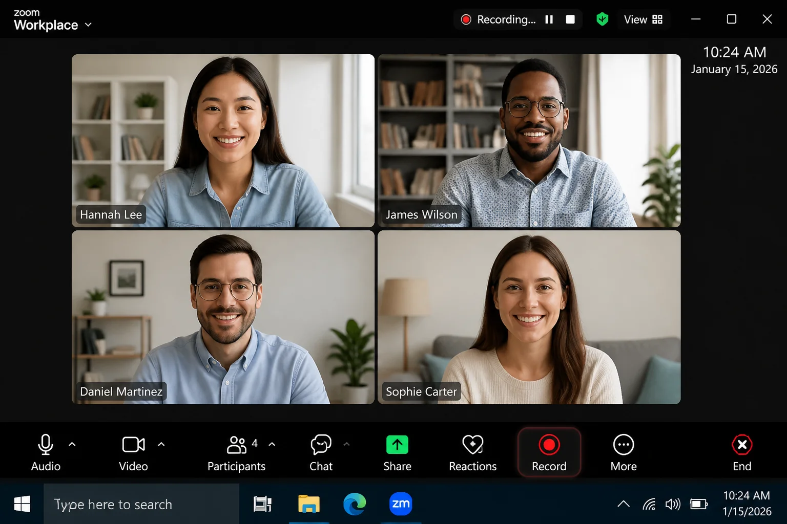 Zoom Workplace meeting toolbar with Record selected and the recording status indicator visible