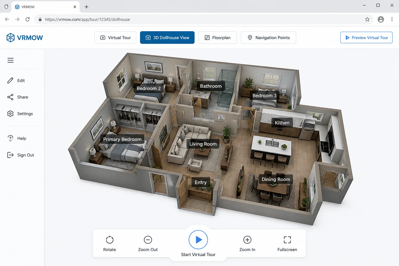 Modern 3D virtual tour editor showing a rotatable dollhouse model, labeled rooms, floorplan, and linked navigation points