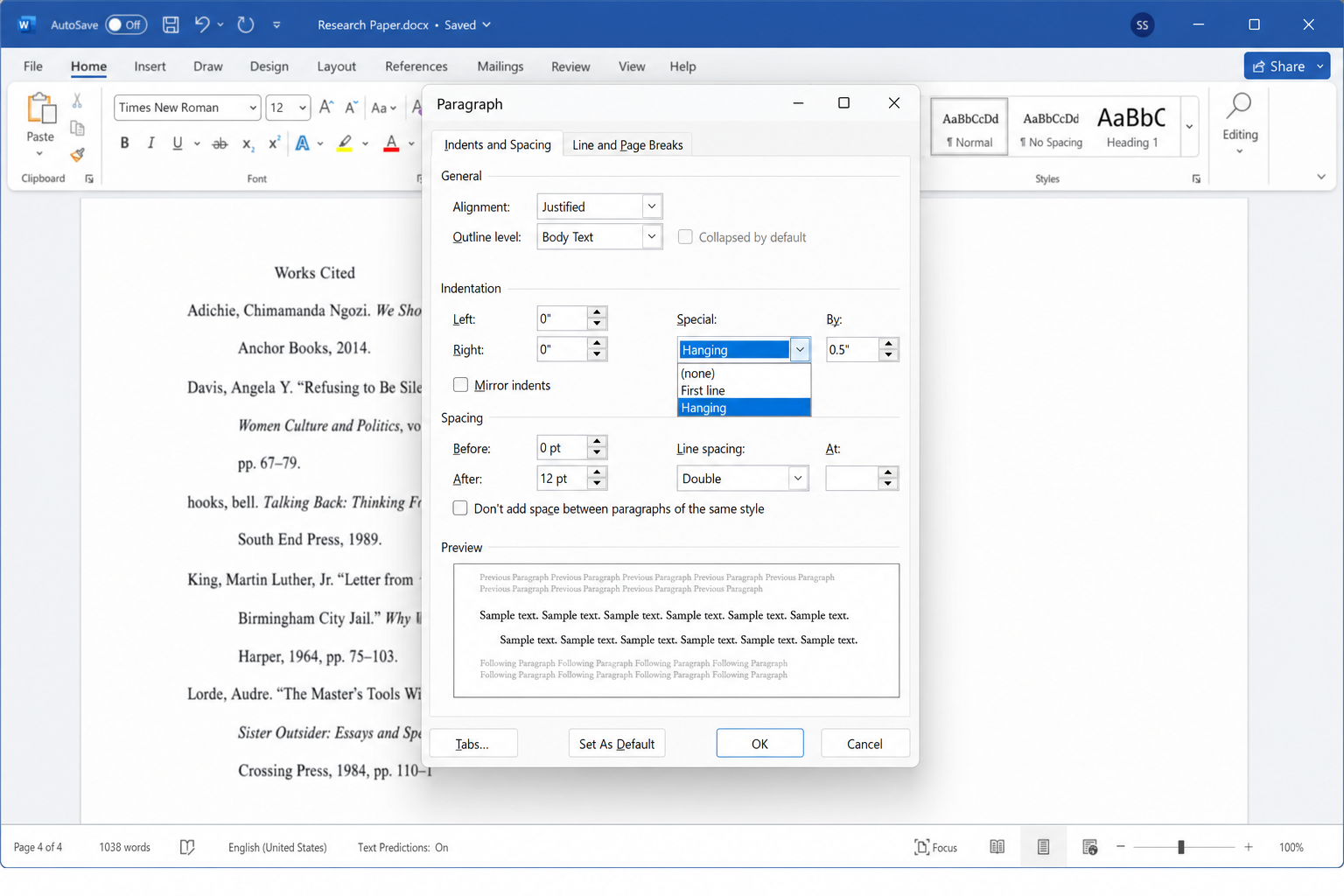 Word Paragraph dialog showing Indentation Special set to Hanging with 0.5 inch, for Works Cited page setup