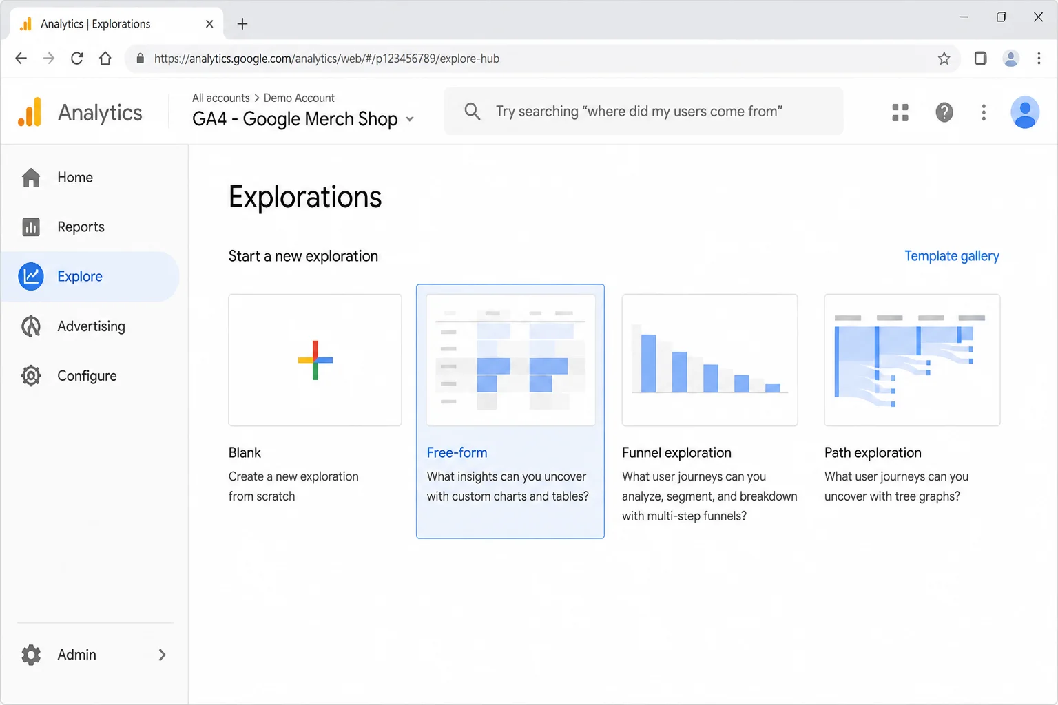 GA4 Explorations screen showing template selection with the Free-form exploration option highlighted