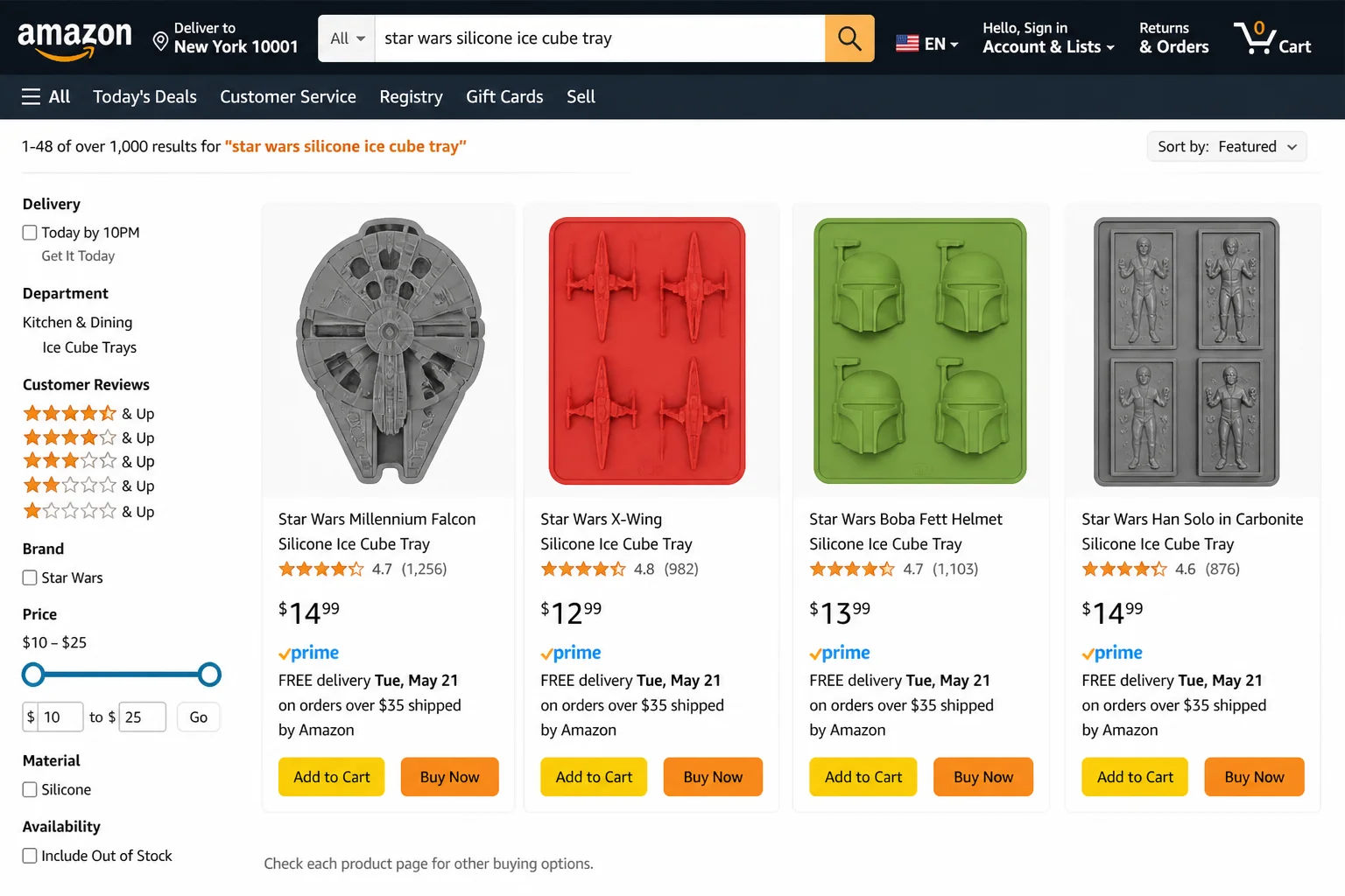 Star Wars silicone ice cube trays laid flat showing individual mold cavities shaped like the Millennium Falcon, X-Wing, Boba Fett helmet, and Han Solo frozen in Carbonite