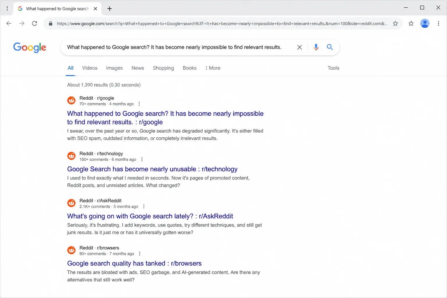 Google Search results page for a site:reddit.com query, showing Reddit discussion threads as the top results for a tech troubleshooting question