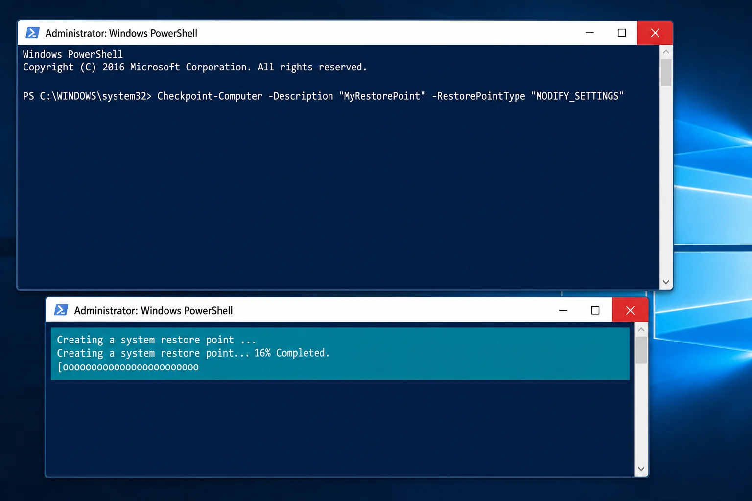 PowerShell window running as administrator with the Checkpoint-Computer command entered and a progress bar showing restore point creation in progress