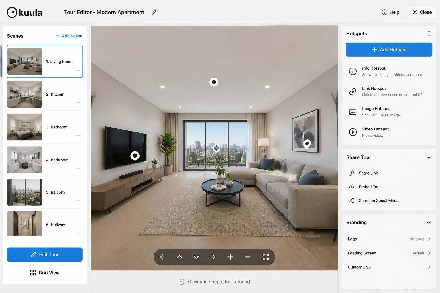Current Kuula tour editor with scene thumbnails, hotspot controls, sharing options, and branding settings visible