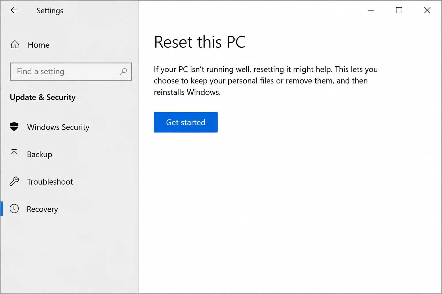 Windows 10 Recovery settings with Get started button highlighted under Reset this PC