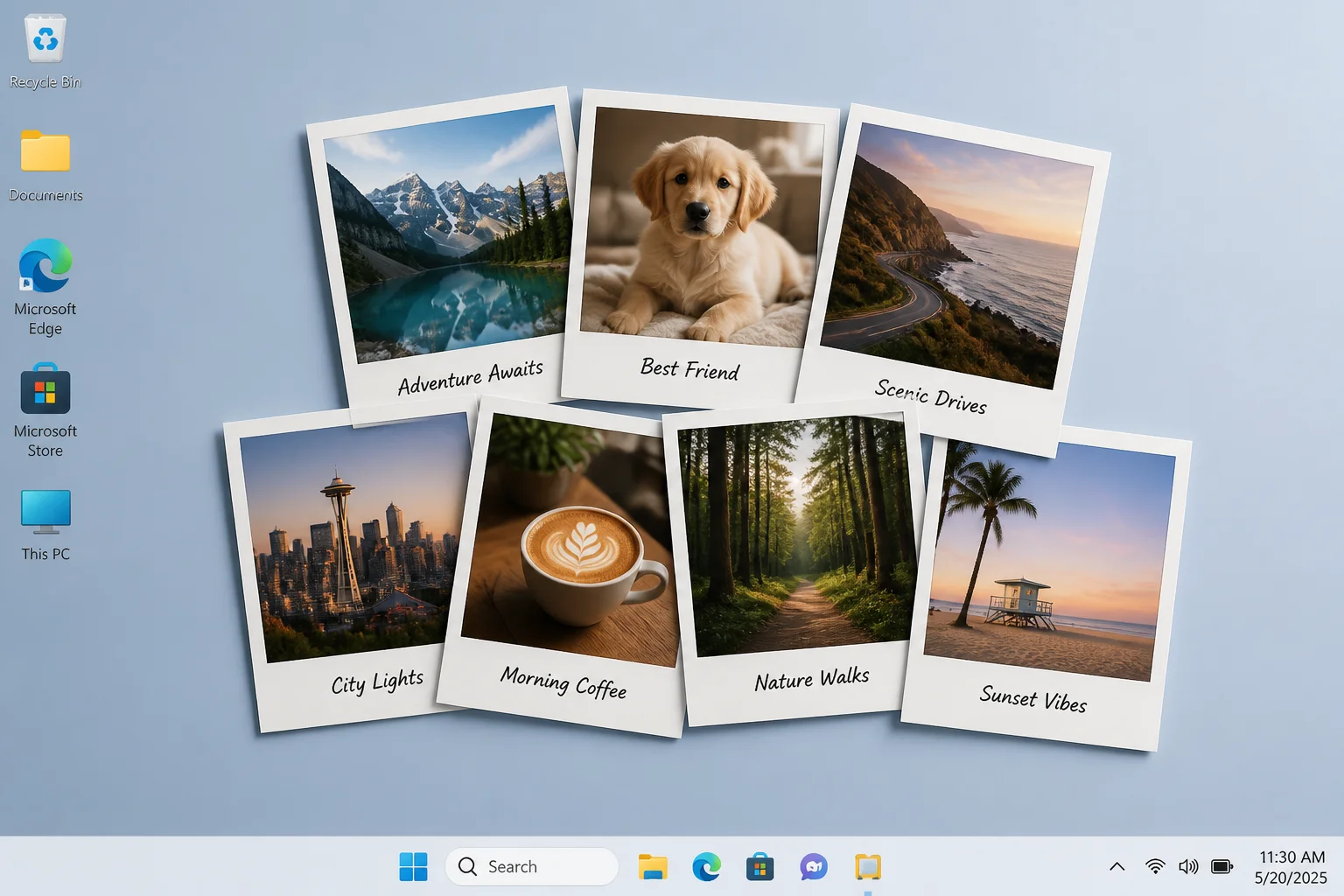 Windows 11 desktop showing JBS polaroid pile display mode with multiple photos arranged like a stack of polaroids with captions visible