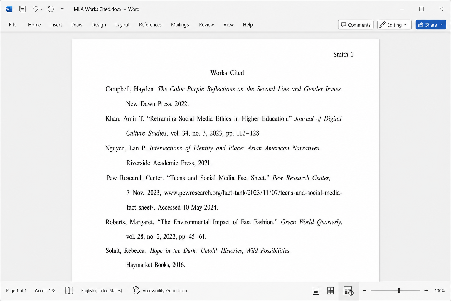 Word document showing completed Works Cited page with centered title, hanging-indented entries, and double spacing