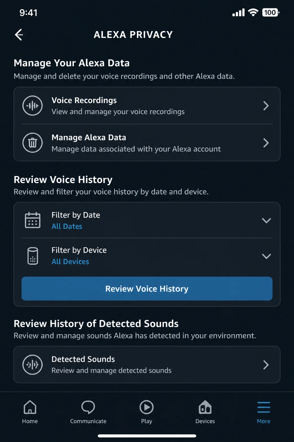 Alexa Privacy menu showing Manage Your Alexa Data, Review Voice History, and smart home history controls without displaying private entries