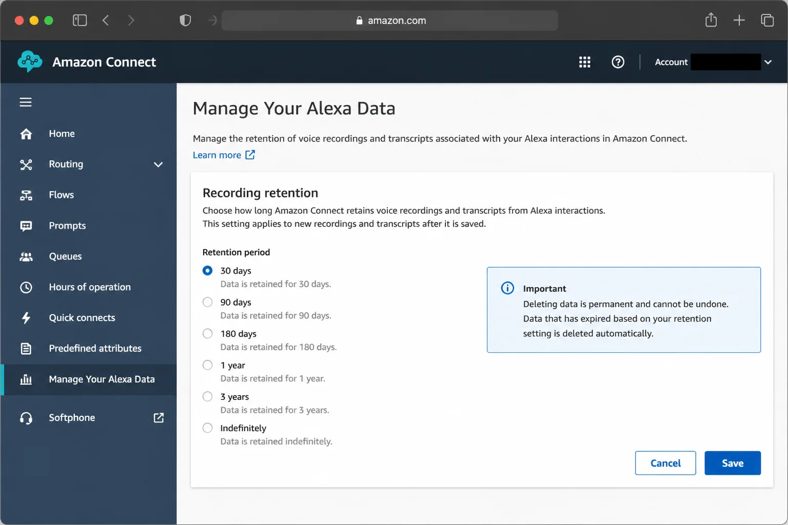 Manage Your Alexa Data page showing available recording-retention controls without assuming a selected value, with account details redacted