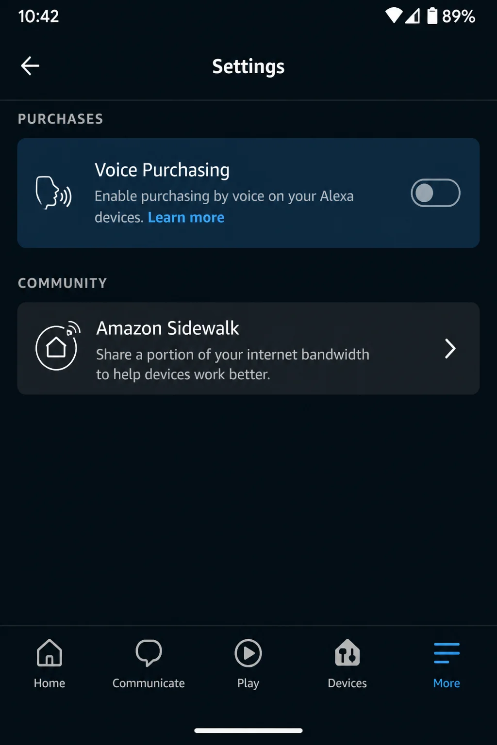 Account Settings showing Amazon Sidewalk and Voice Purchasing entries, with no toggle state assumed and account details redacted