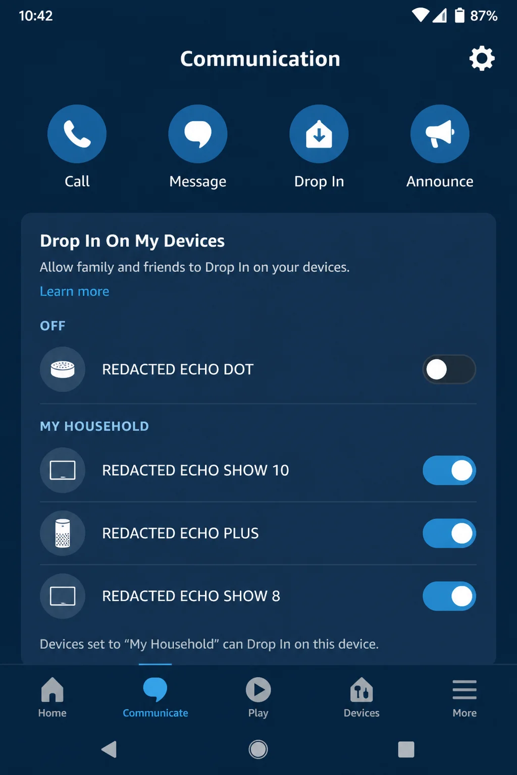 Per-device Communications and Drop In page showing Off and My Household choices, with device and household names redacted
