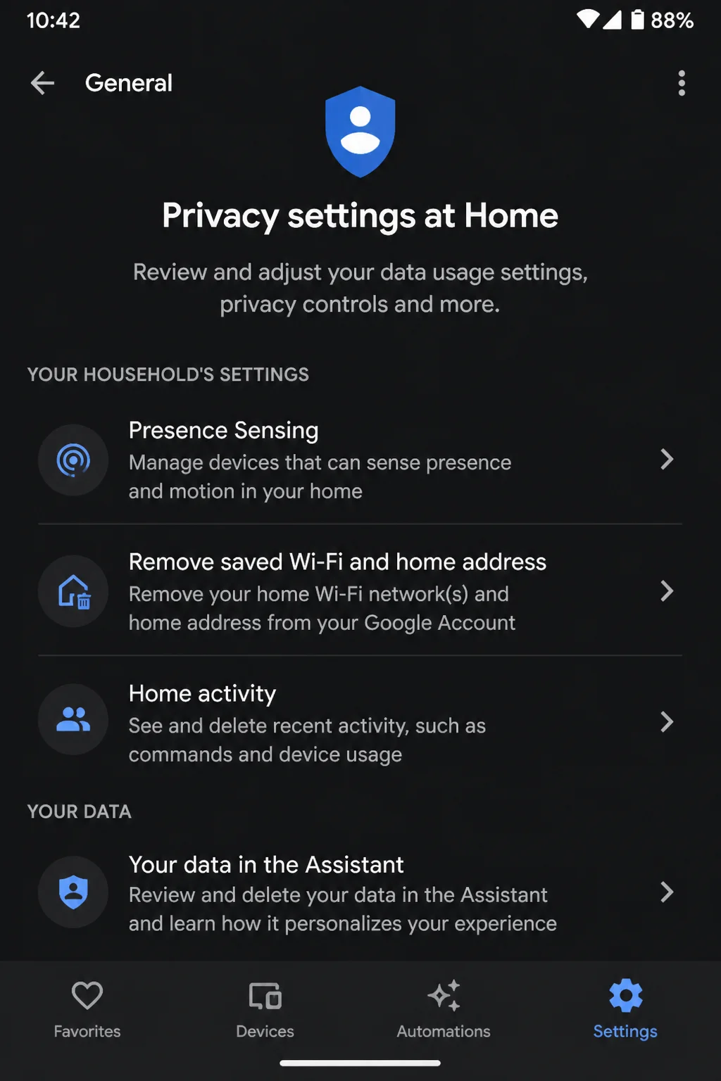 Google Home Settings under General showing Privacy settings at Home and visible activity and Assistant-data entries, with home name, address, networks, and members redacted