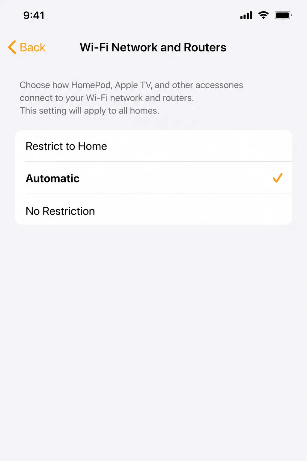 Wi-Fi Network and Routers accessory page showing Restrict to Home, Automatic, and No Restriction, with Automatic identified as the documented default and names redacted