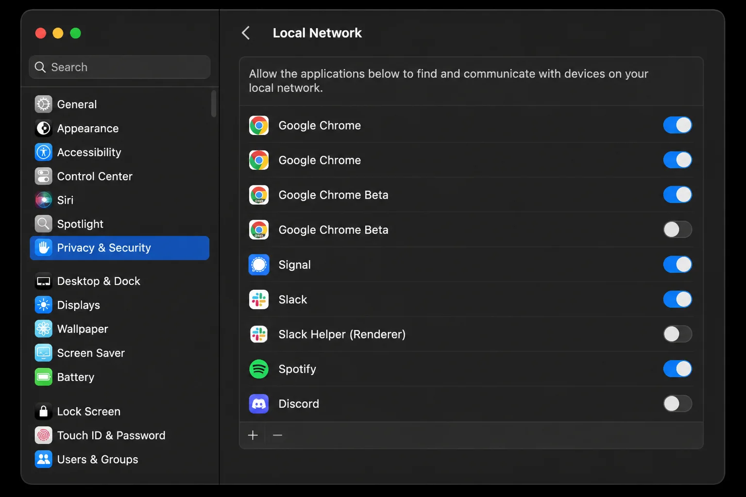 macOS Privacy and Security Local Network settings showing app access controls, with user and device names redacted