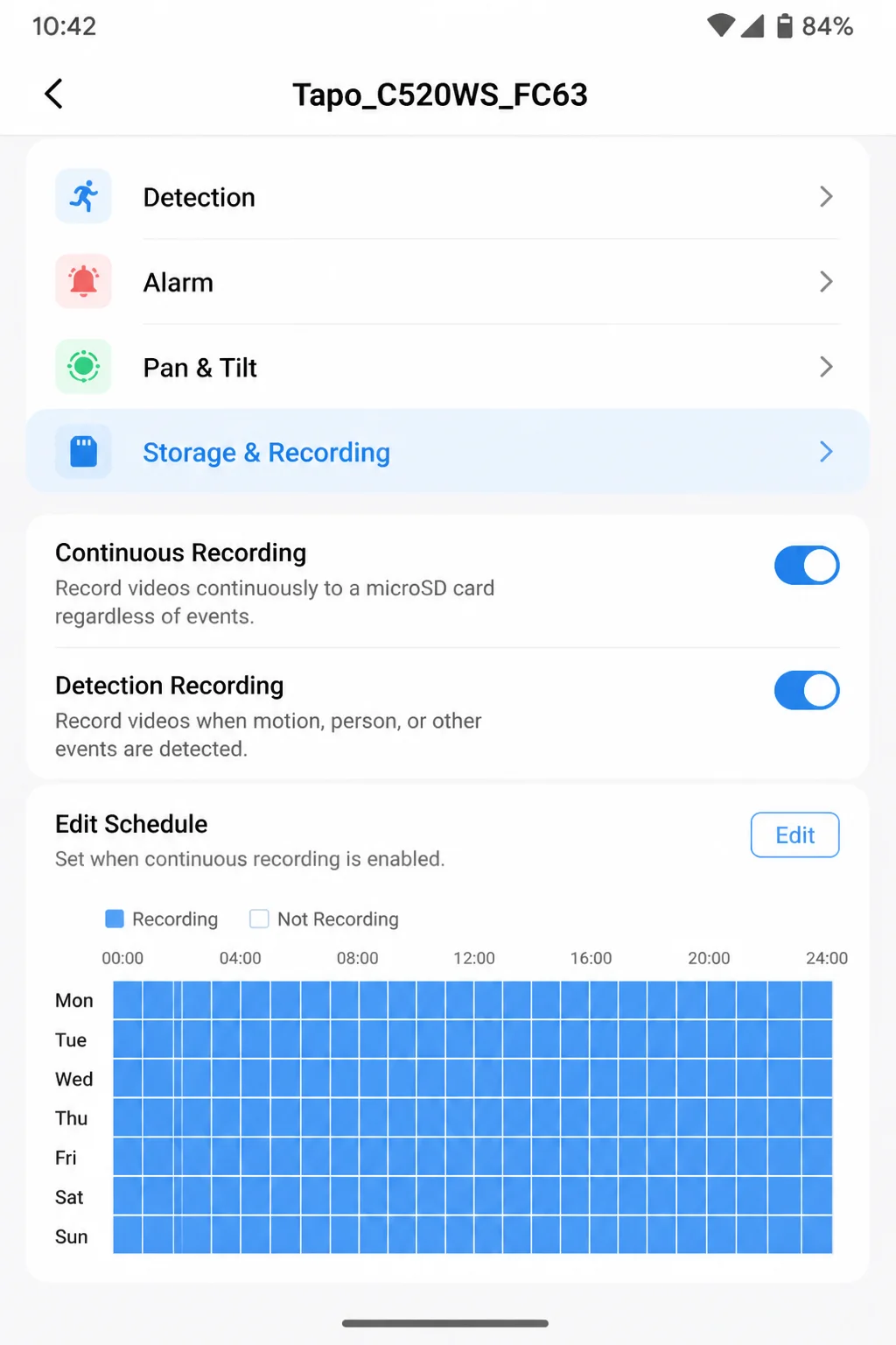 Representative camera recording settings showing storage destination, retention, sharing, and explicitly labeled encryption controls, with previews and identifiers redacted