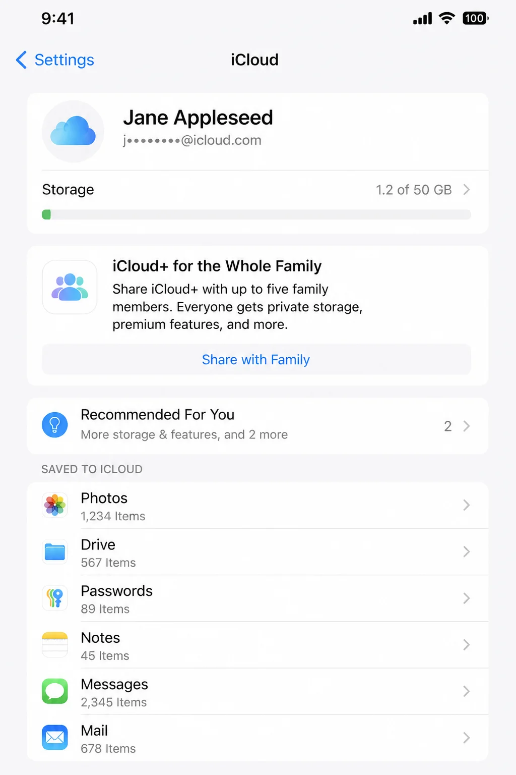 iCloud Show All page with Home highlighted, with Apple Account name, email, storage, and family information redacted