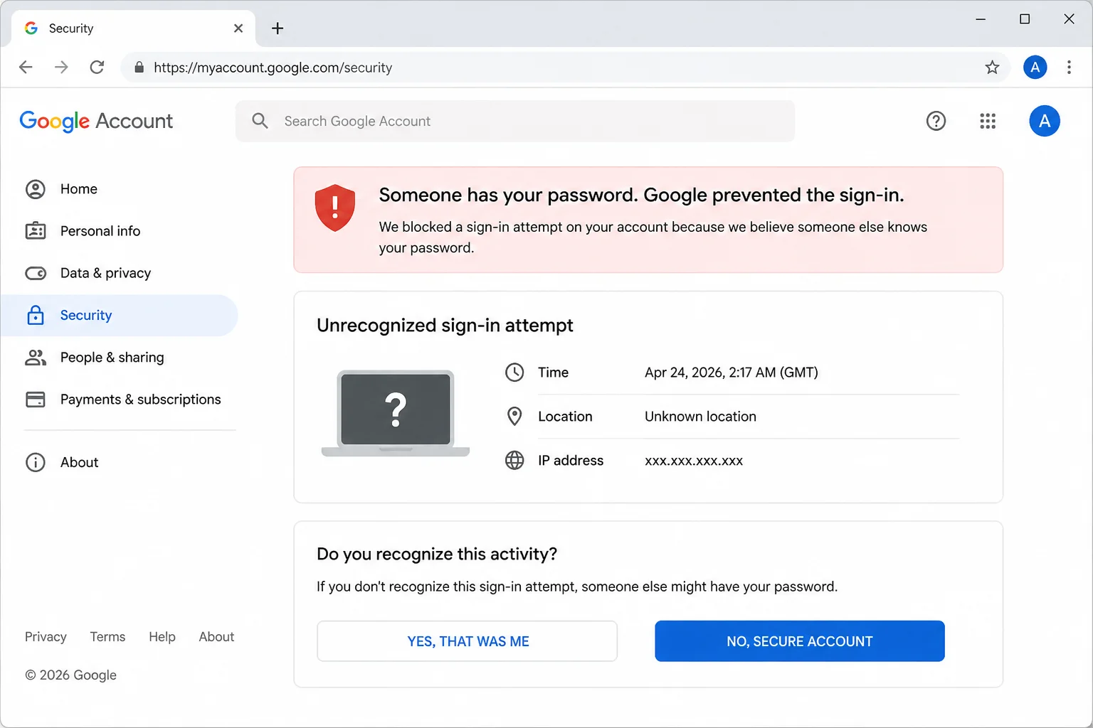 Stable signed-in account security page showing recognized devices or sessions and privacy navigation, with all personal and device details redacted