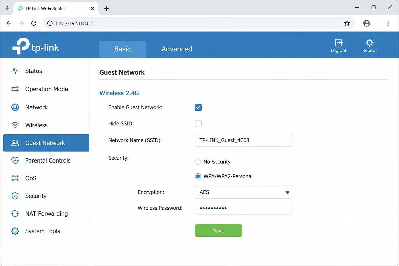 Representative TP-Link router Guest Network settings with network name and local-network access controls highlighted, with passwords, addresses, identifiers, and actual SSIDs redacted