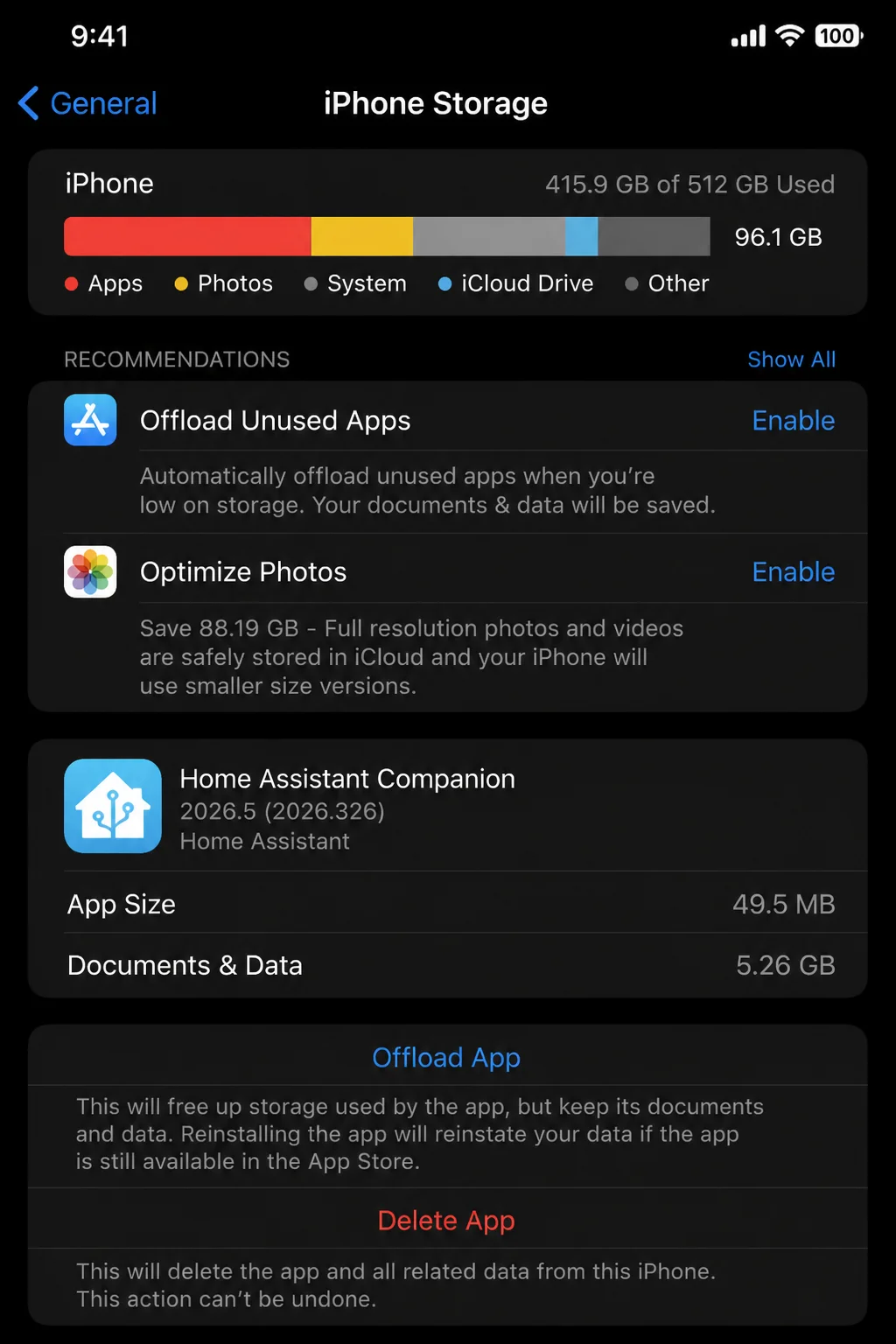 iPhone Storage page showing the installed smart home companion app, with account and storage details redacted
