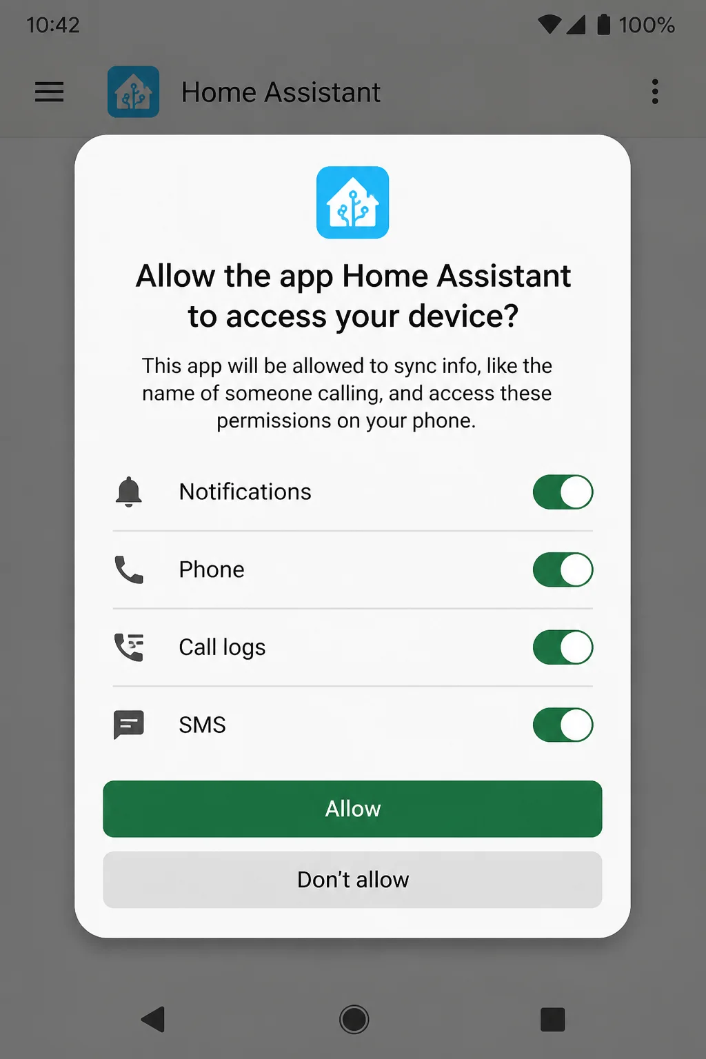 Android App info page for a smart home companion app, with permissions visible and personal details redacted