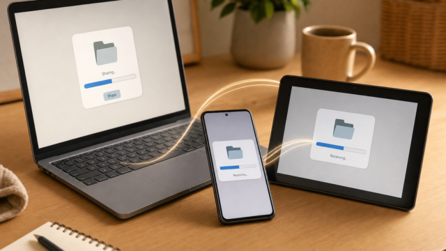 Three devices—laptop, smartphone, and tablet—transfer a file wirelessly, showing Sharing... and Receiving... progress dialogs on screens. - share-files-and-folders-across-computers-featured